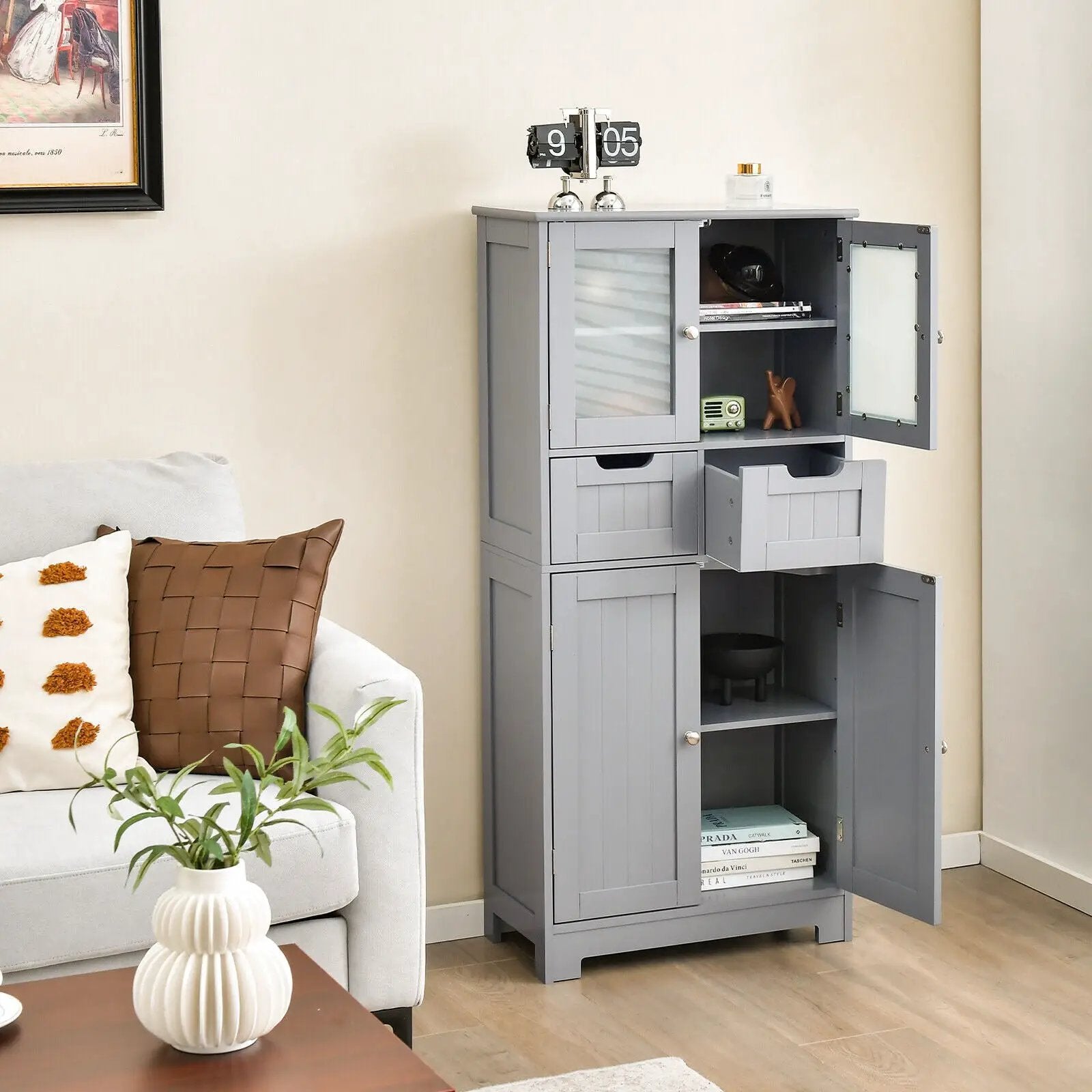 3 Tier Freee-Standing Bathroom Cabinet with 2 Drawers and Glass Doors by DirectDeals
