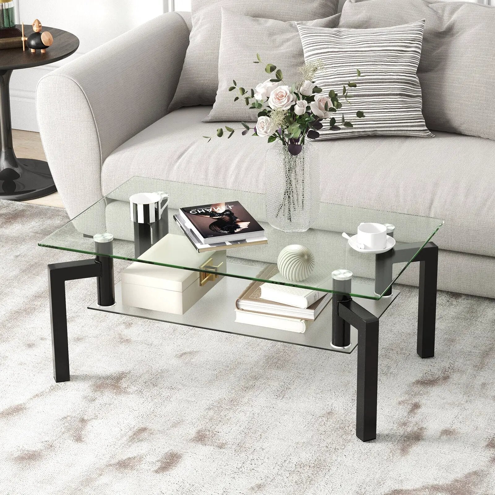 2-Tier Rectangular Glass Coffee Table with Metal Tube Legs-Black by DirectDeals