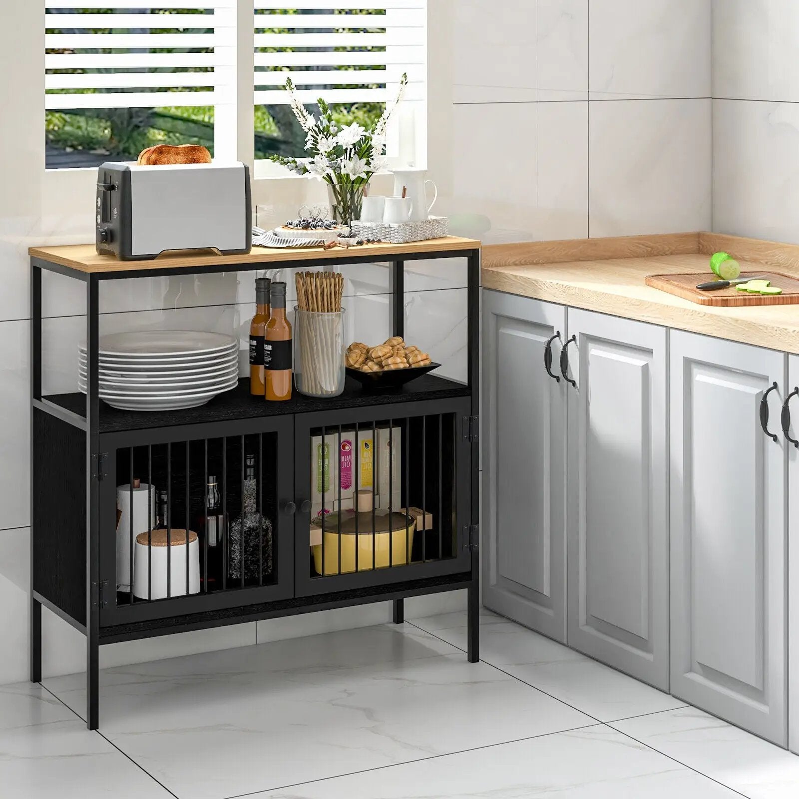 Kitchen Buffet Cabinet with 2 Doors and Open Shelf-Black by DirectDeals