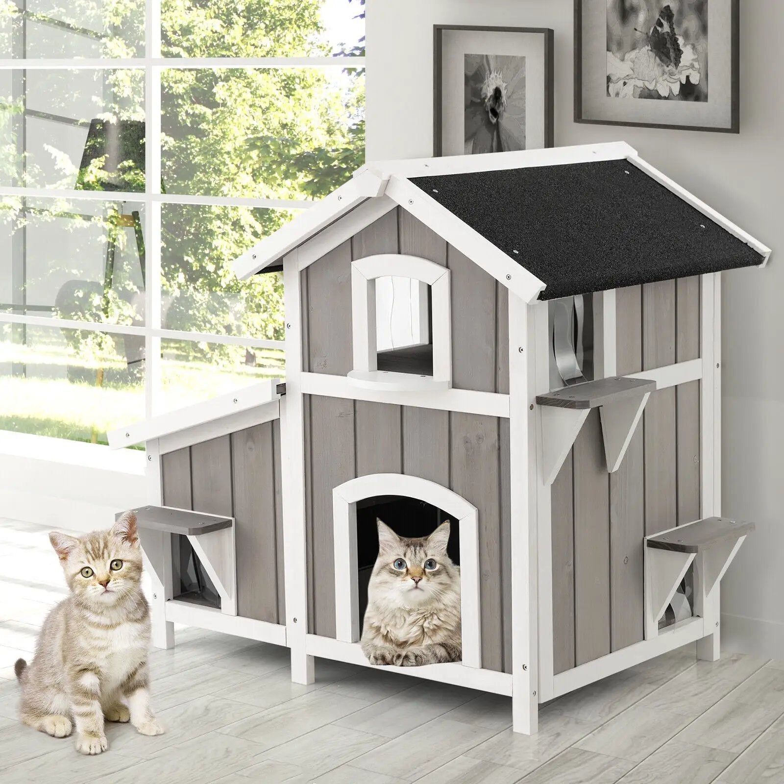 2-Story Outdoor Wooden Feral Cat House with Escape Door-Grey by DirectDeals