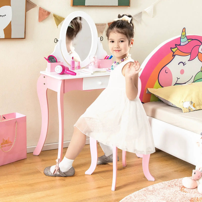 Pretend Kids Vanity Set with 360° Rotatable Mirror and Play Accessories by DirectDeals