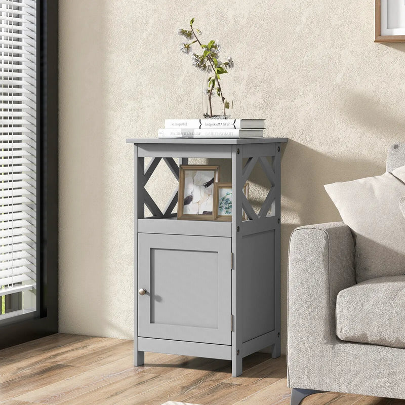 Bathroom Floor Cabinet Side Storage Organizer with Open Shelf and Single Door-Gray by DirectDeals
