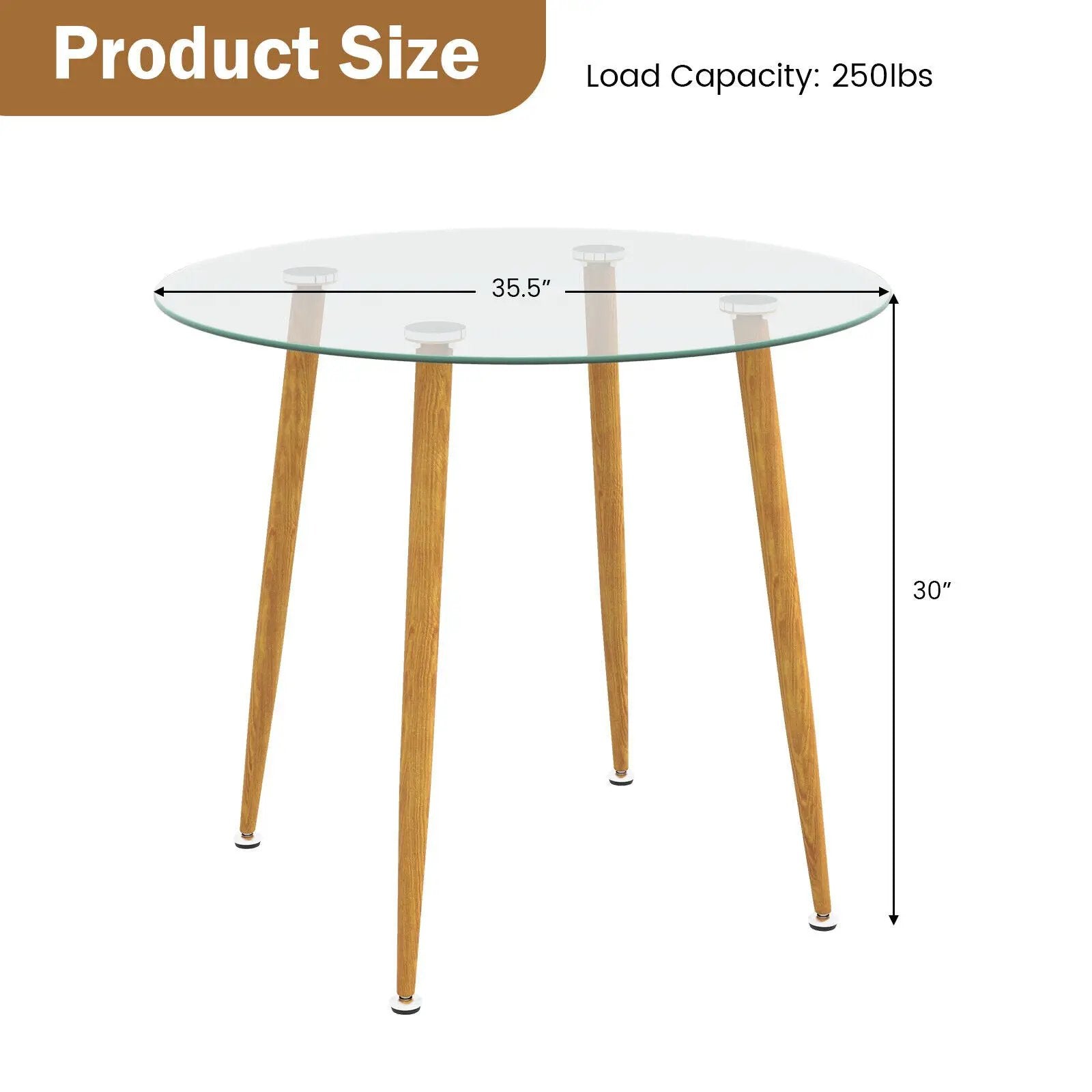 Round Glass Dining Table Leisure Coffee Table with Metal Legs-Natural by DirectDeals