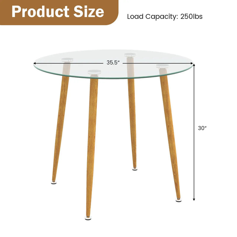 Round Glass Dining Table Leisure Coffee Table with Metal Legs-Natural by DirectDeals