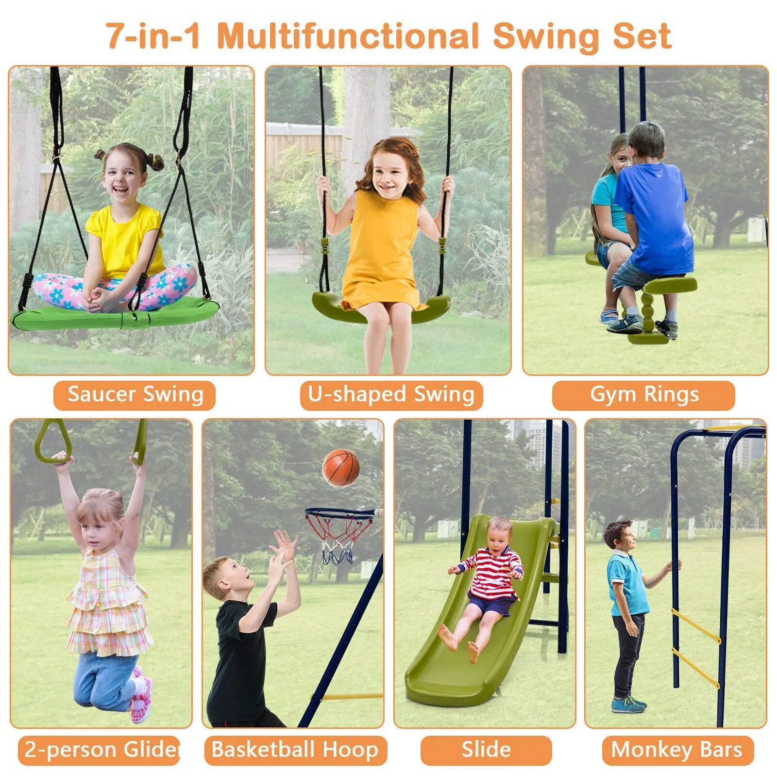 7-in-1 Stable A-shaped Outdoor Swing Set for Backyard by DirectDeals