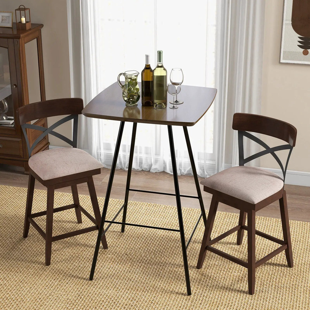 Set of 2 Wooden Swivel Bar Stools with Cushioned Seat and Open X Back by DirectDeals