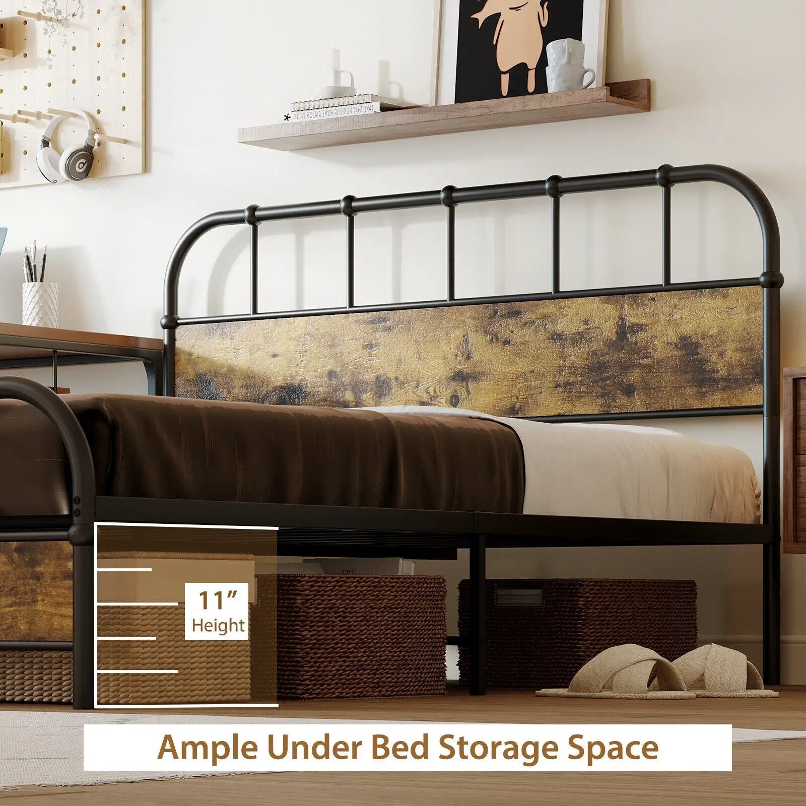 Queen Size Industrial Metal Platform Bed Frame Headboard Mattress Foundation by DirectDeals