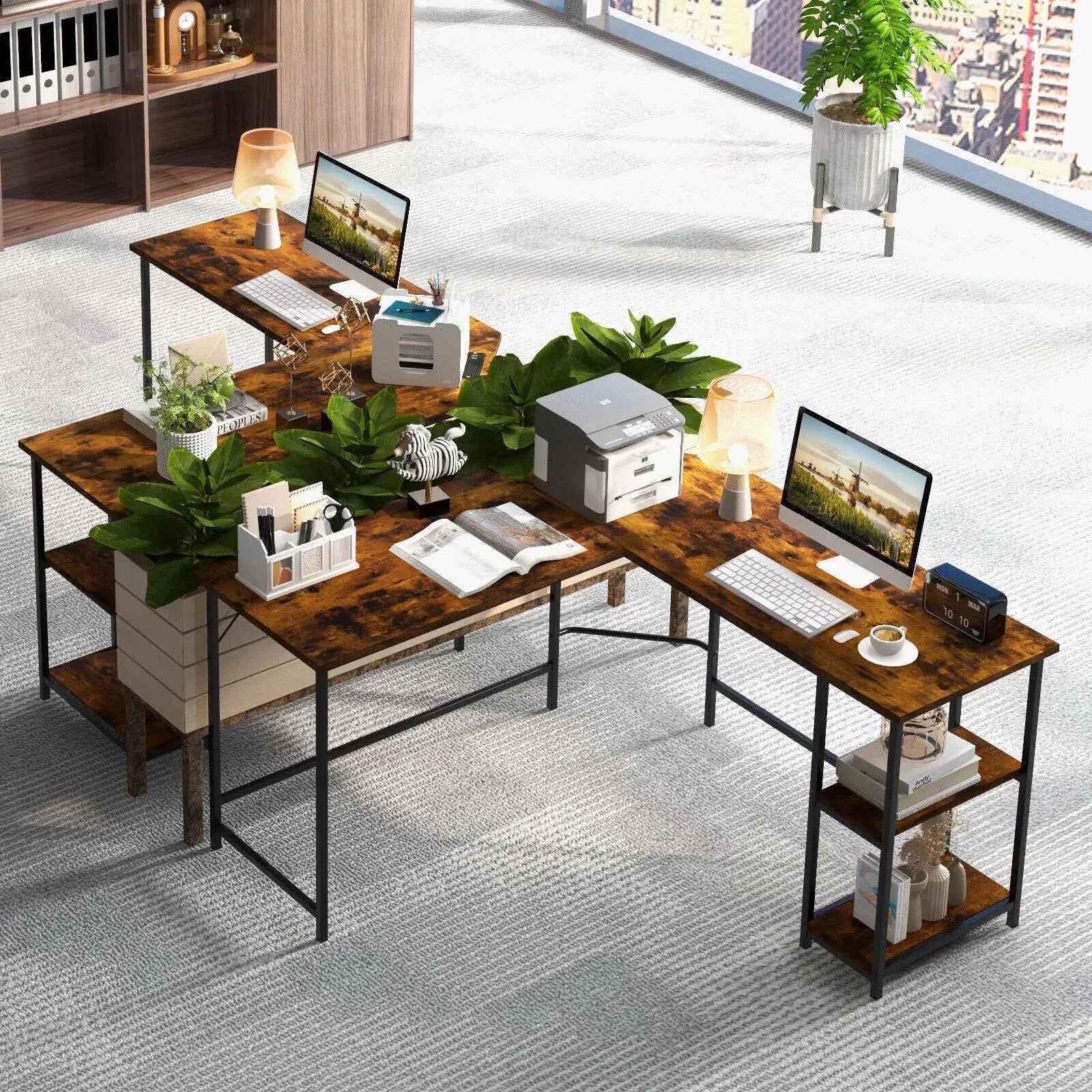 L Shaped Computer Desk with 2 Outlets and 2 USB Ports-Brown by DirectDeals