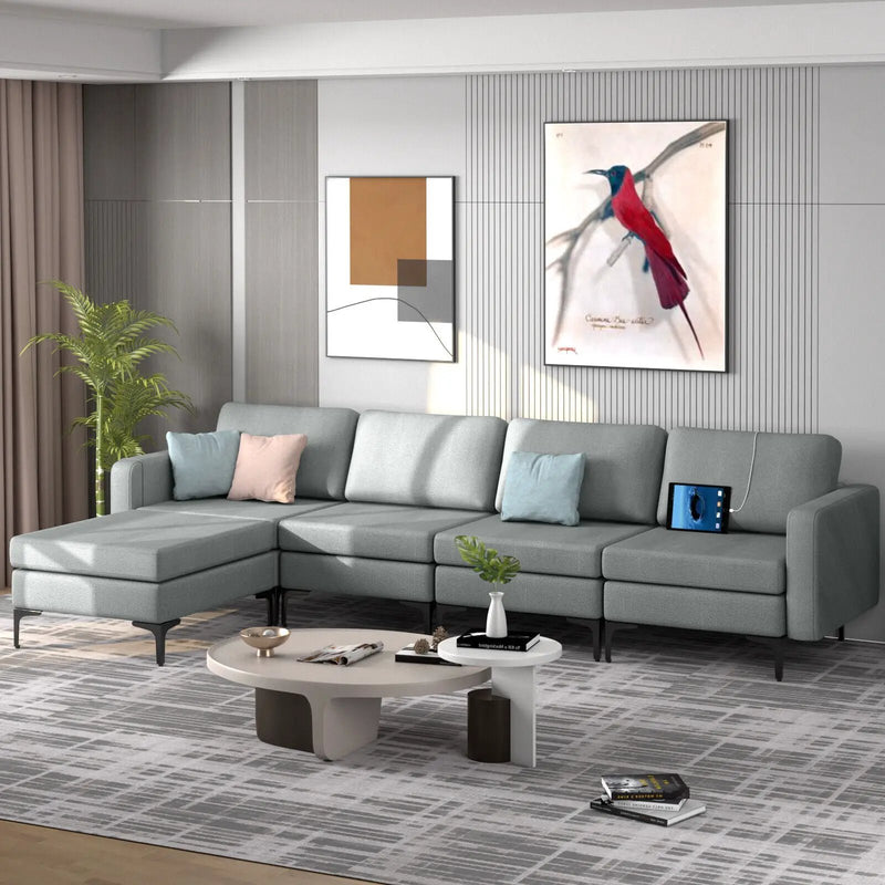 Modular L-shaped Sectional Sofa with Reversible Ottoman and 2 USB Ports by DirectDeals