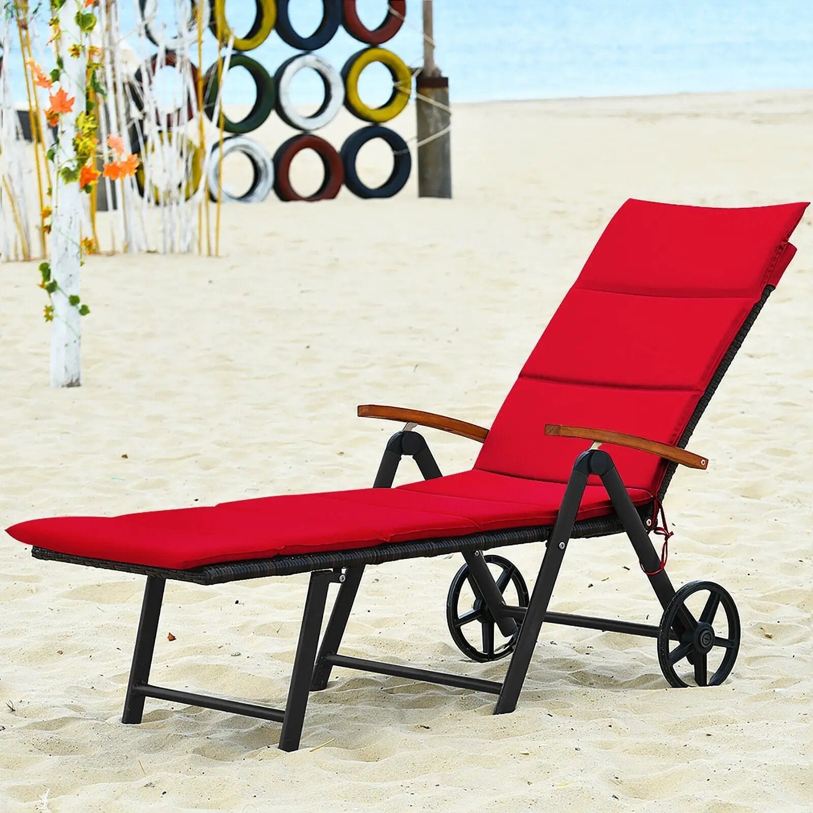 Folding Patio Rattan Lounge Chair with Wheels-Red by DirectDeals