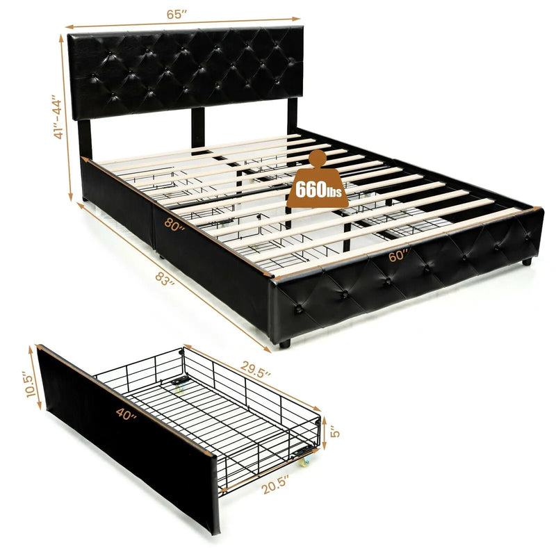 Full/Queen PU Leather Upholstered Platform Bed with 4 Drawers by DirectDeals