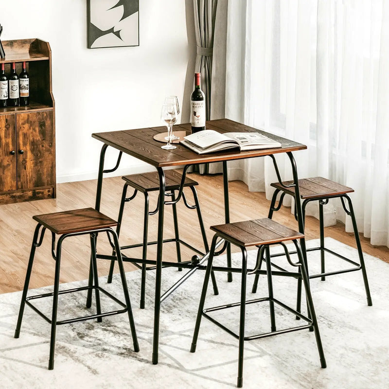 5 Pieces Bar Table Set with 4 Counter Height Backless Stools-Rustic Brown by DirectDeals
