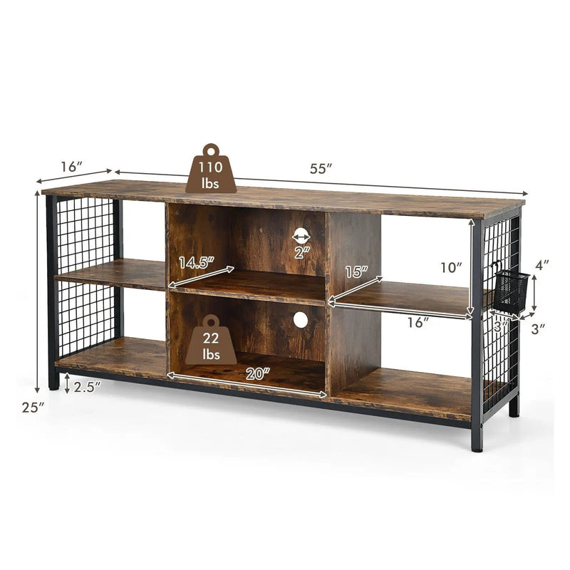 Mid-Century Wooden TV Stand with Storage Basket for TVs up to 65 Inch-Rustic Brown by DirectDeals