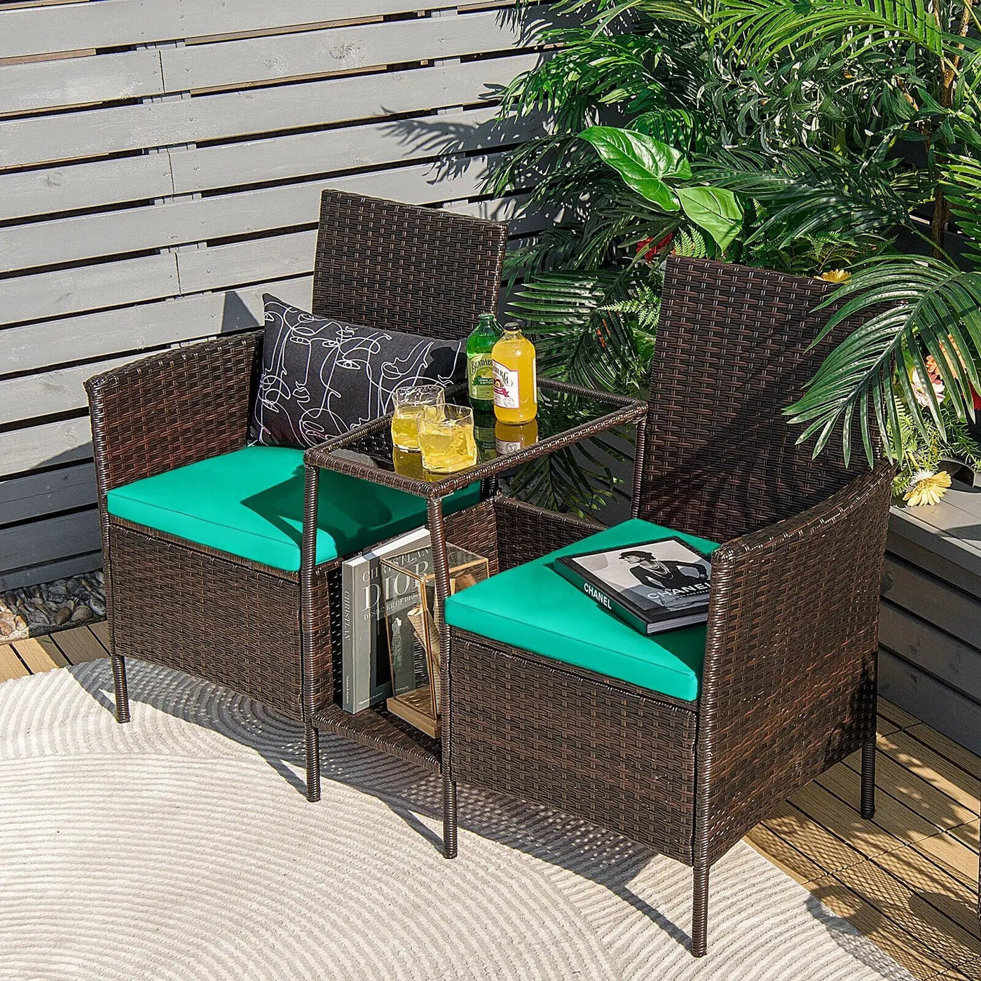 Patio Rattan Wicker Conversation Set Sofa Cushioned Loveseat Glass Table by DirectDeals