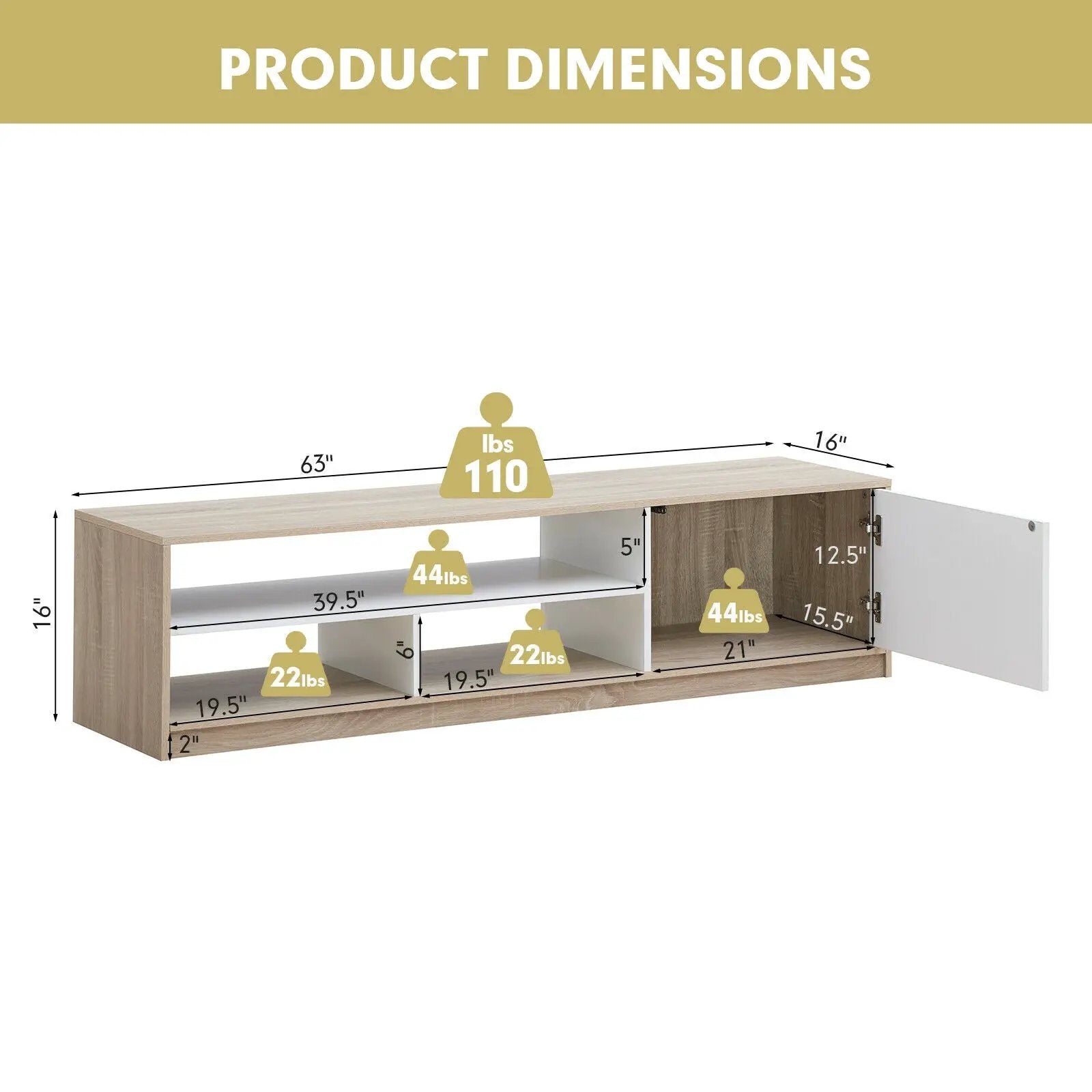 63 Inch TV Stand with Push-to-Open Door Cabinet for TVs up to 75 Inch by DirectDeals
