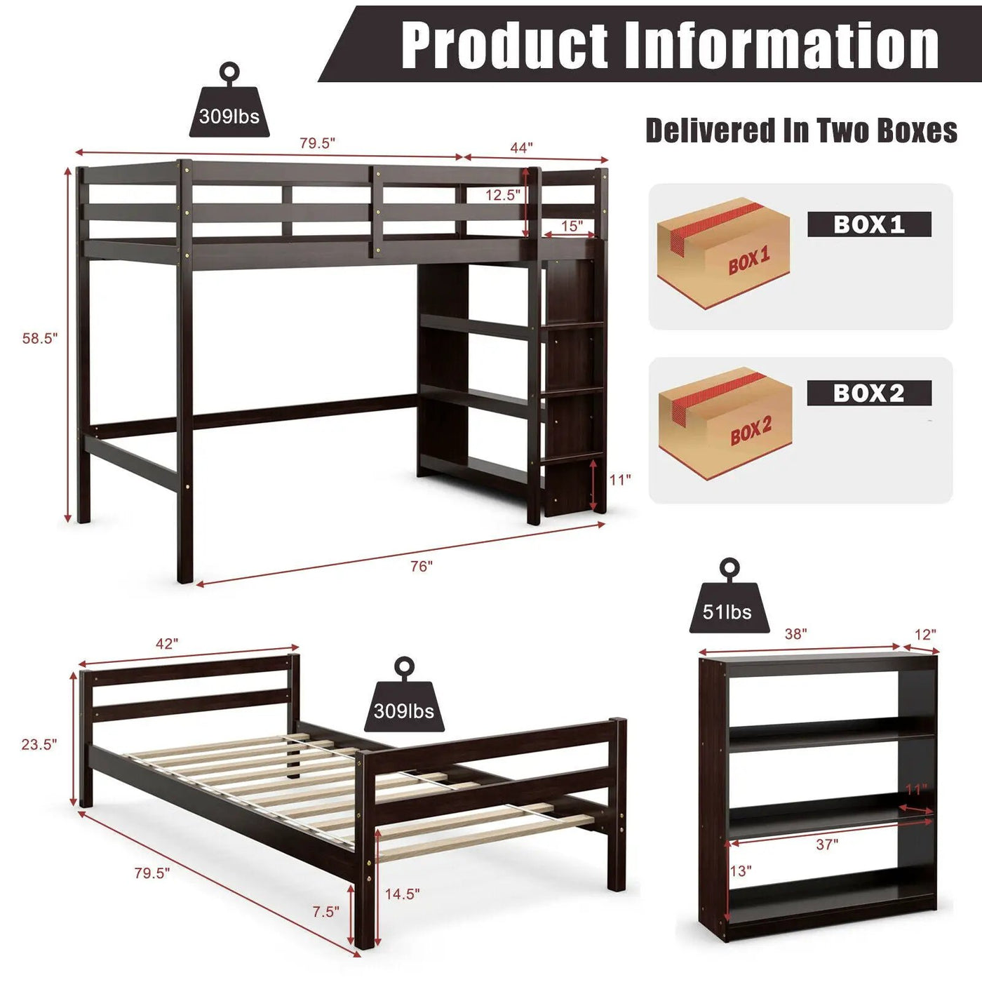 Twin Over Twin Loft Bunk Bed with Bookcase by DirectDeals