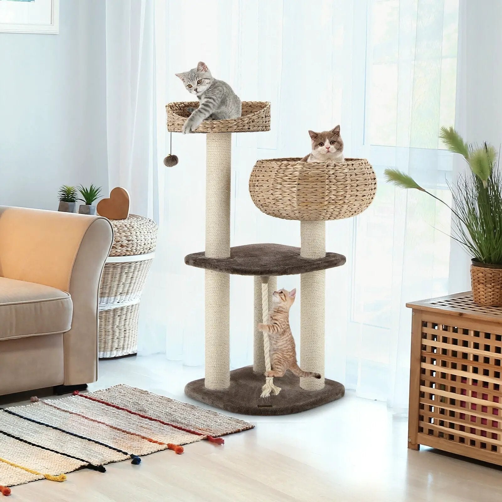 41 Inch Rattan Cat Tree with Napping Perch by DirectDeals