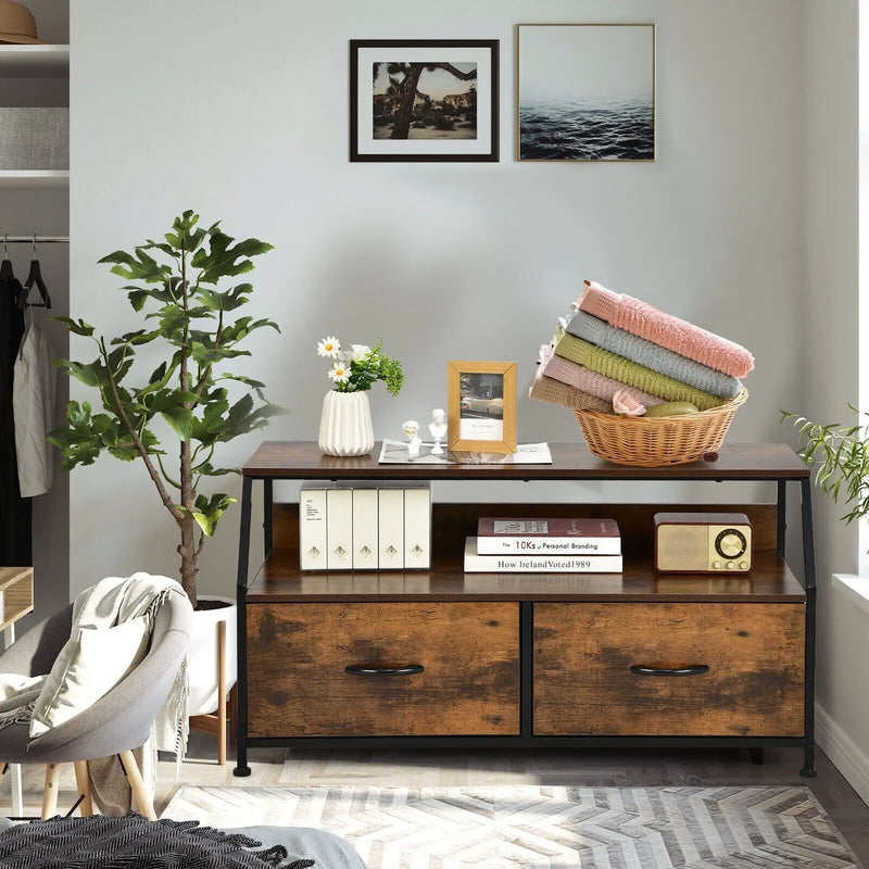 Dresser TV Stand with 2 Folding Fabric Drawers and Open Shelves-Rustic Brown by DirectDeals