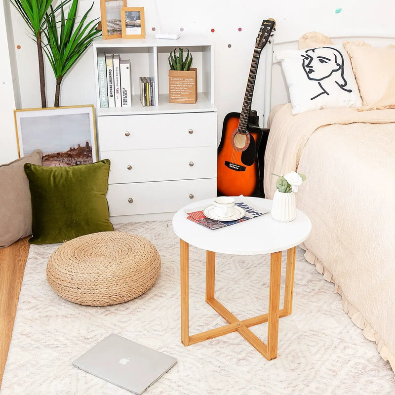 Multifunctional Round Side End Table with Bamboo Legs and X-Shaped Base by DirectDeals
