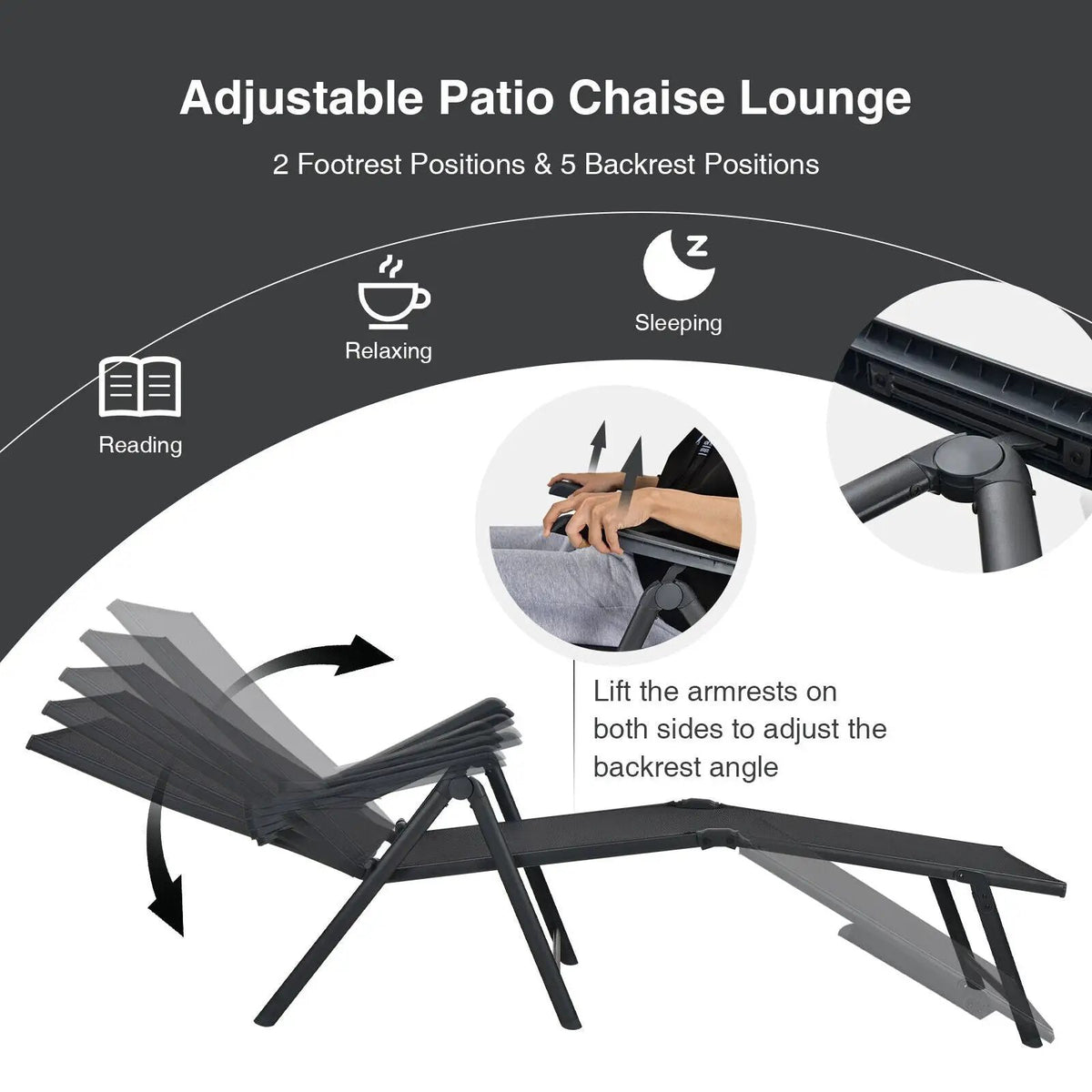 2 Pieces Foldable Chaise Lounge Chair with 2-Position Footrest by DirectDeals