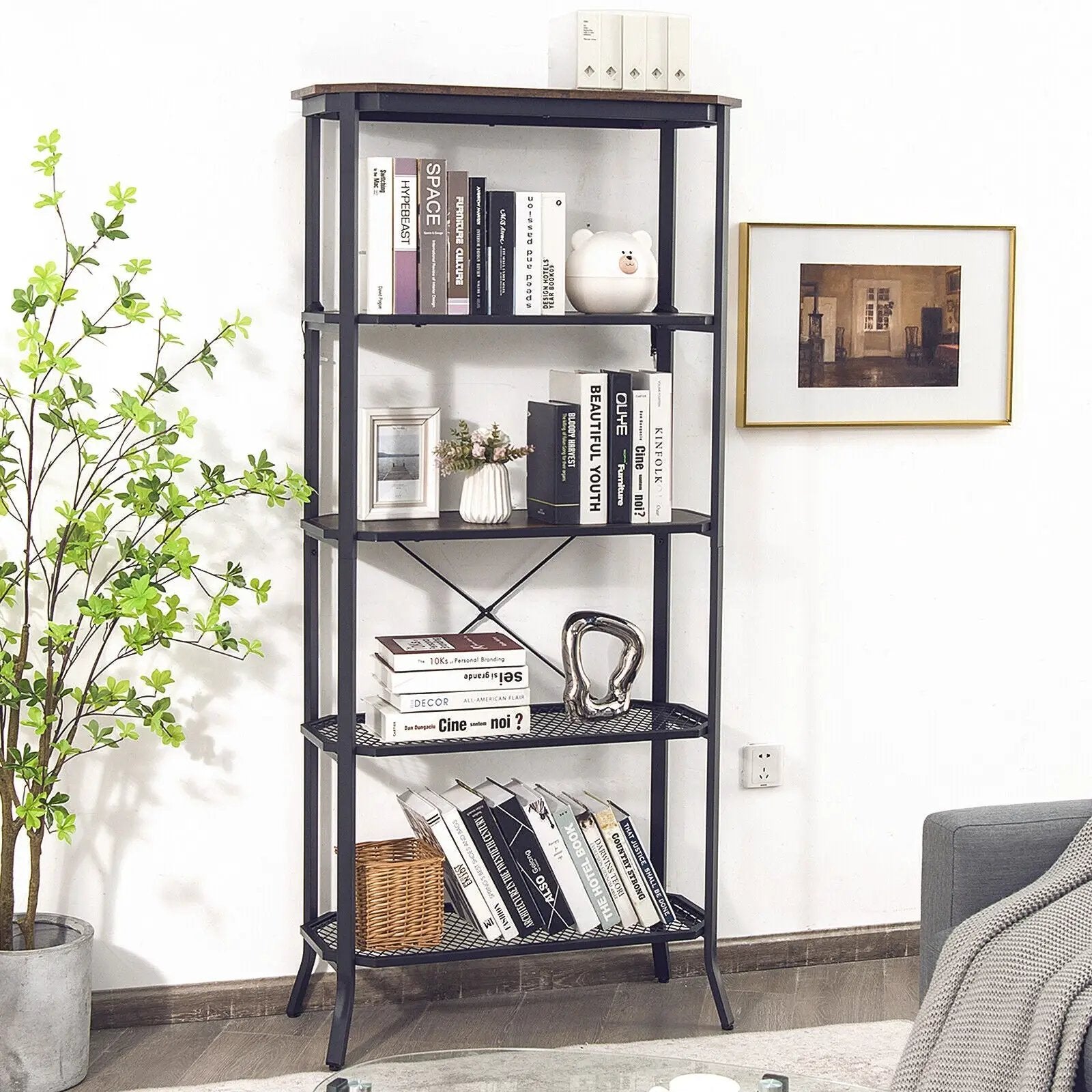 Industrial 5-Layer Bookshelf with Out-Stretched Legs-Rustic Brown by DirectDeals