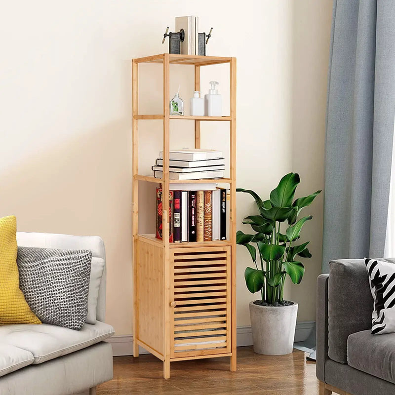 4 Tiers Slim Bamboo Floor Storage Cabinet with Shutter Door and Anti-Toppling Device-Natural by DirectDeals