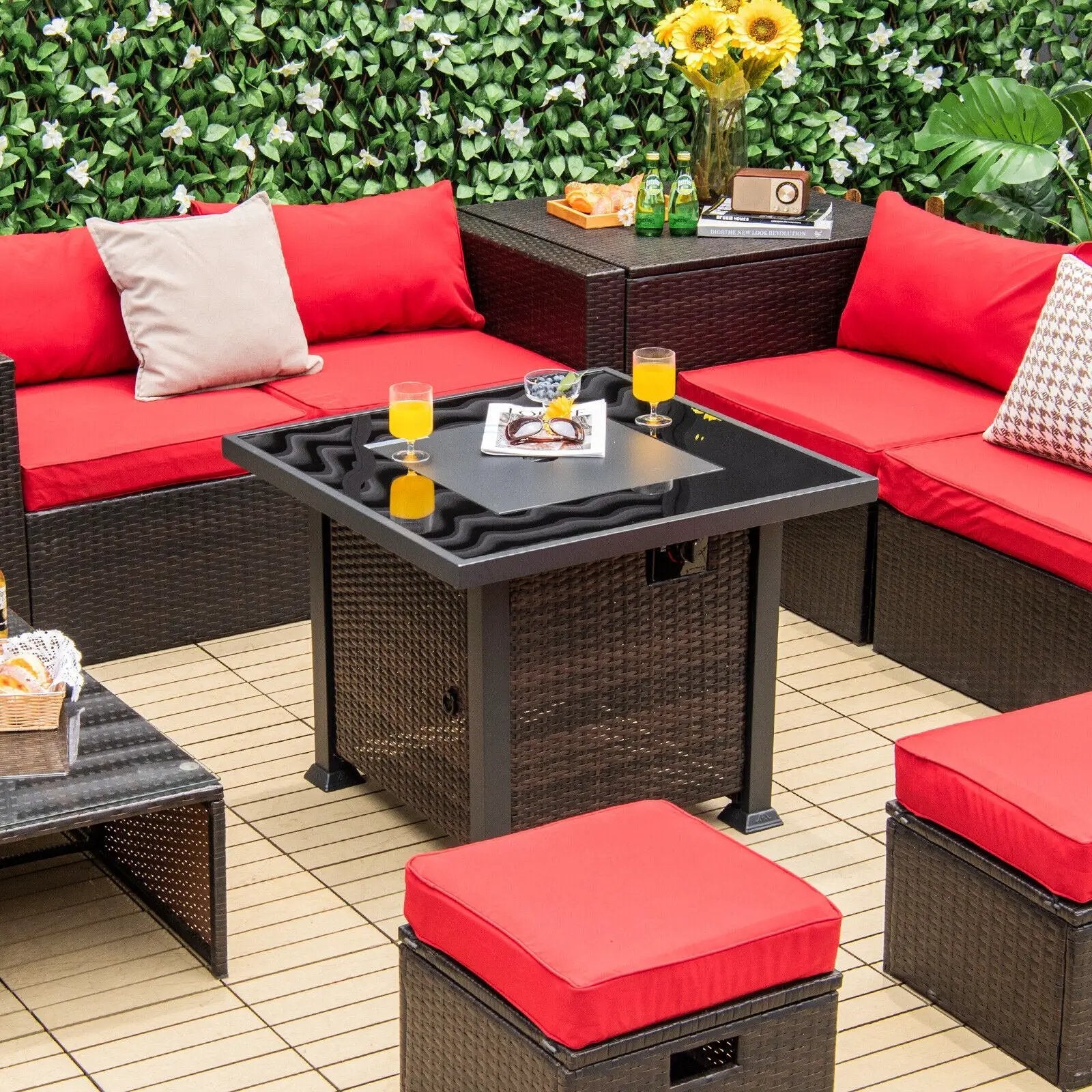 32 Inch Square Propane Fire Pit Table with Lava Rocks Cover by DirectDeals