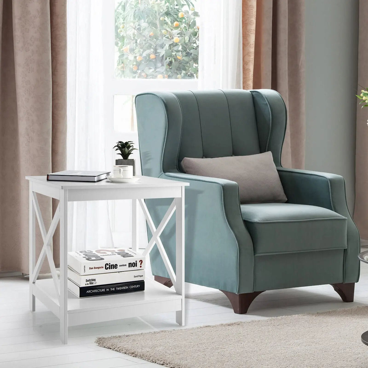 2-Tier Side Table with X-shape Design and 4 Solid Legs by DirectDeals