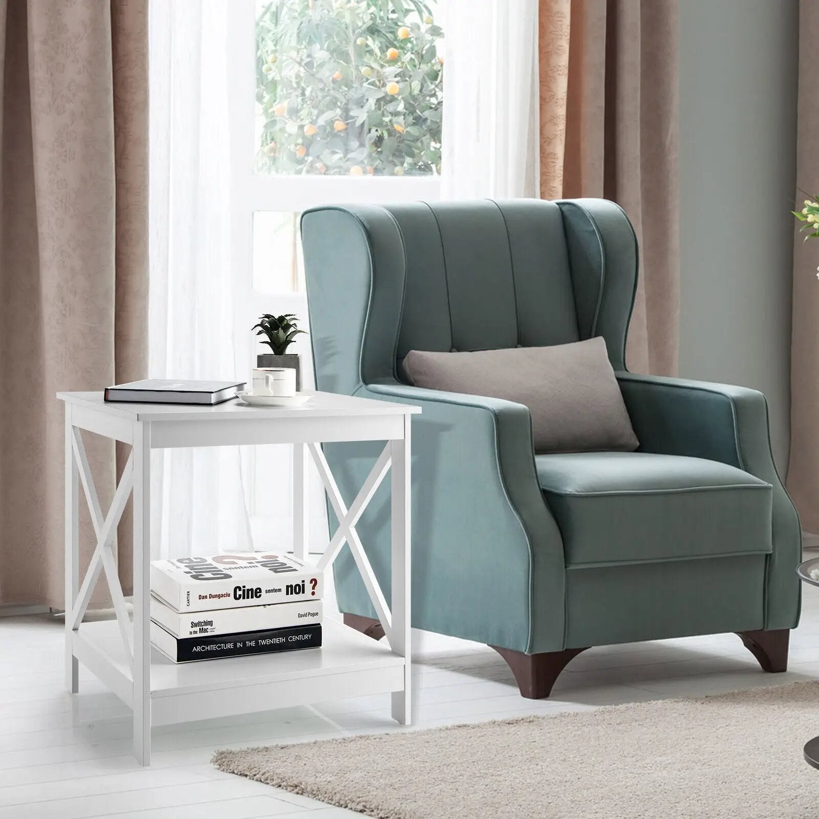 2-Tier Side Table with X-shape Design and 4 Solid Legs by DirectDeals