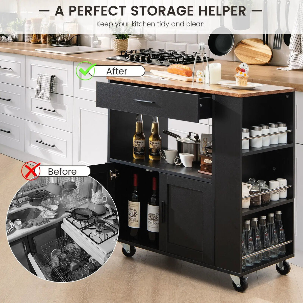 Rolling Kitchen Trolley with 3 Spice Racks Drawer and Open Shelf by DirectDeals
