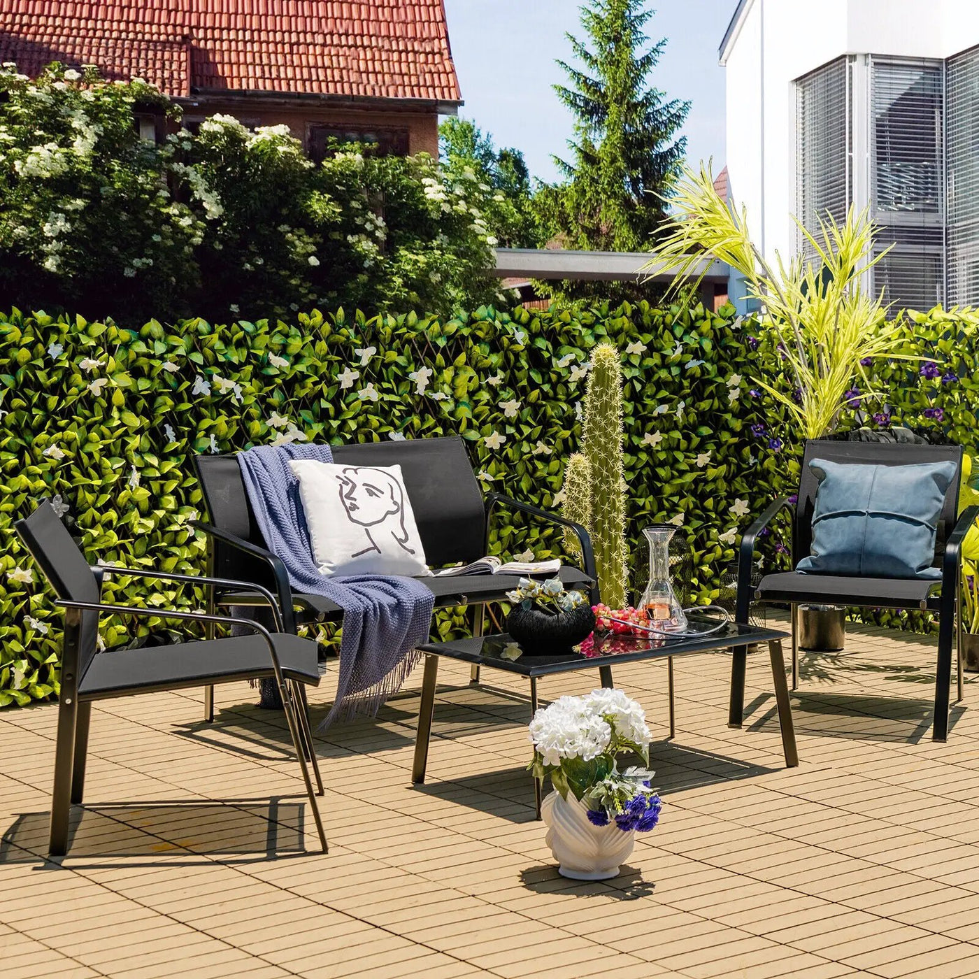 4 Pieces Patio Furniture Set with Armrest Loveseat Sofas and Glass Table Deck by DirectDeals