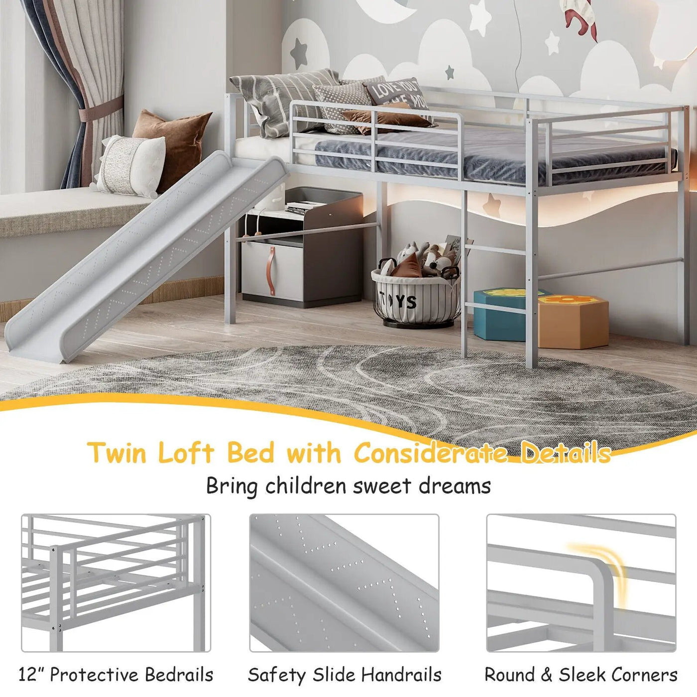 Twin Metal Loft Bed with Slide Safety Guardrails and Built-in Ladder by DirectDeals