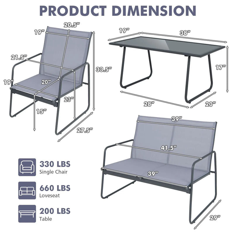 4 Pieces of Metal Patio Furniture Chat Set with Tempered Glass Coffee Table by DirectDeals