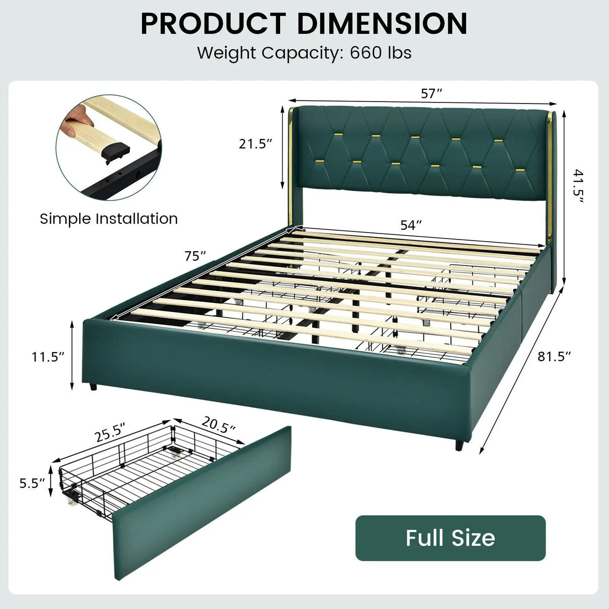Full/Queen Size Upholstered Bed Frame with 4 Drawers-Green by DirectDeals