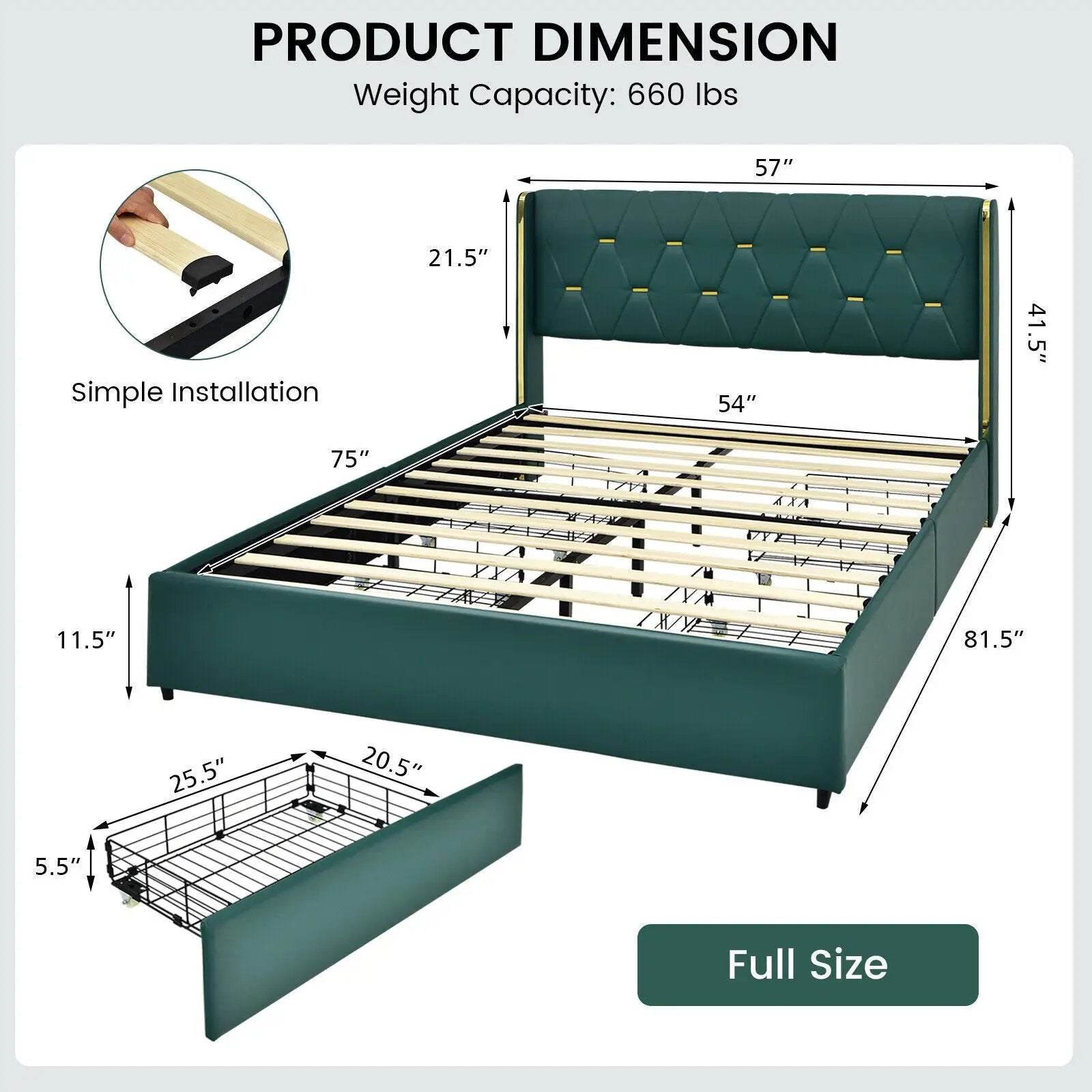 Full/Queen Size Upholstered Bed Frame with 4 Drawers-Green by DirectDeals