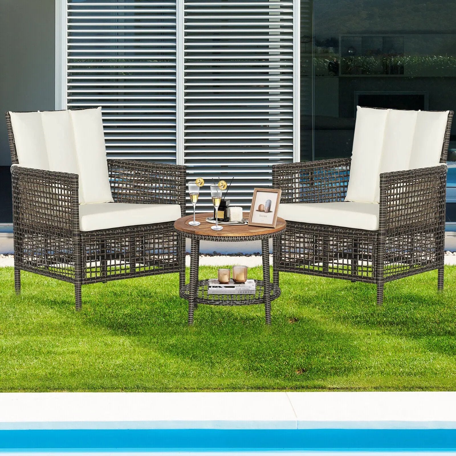 3 Pieces Patio Rattan Furniture Set with Cushioned Sofas and Wood Table Top-White by DirectDeals