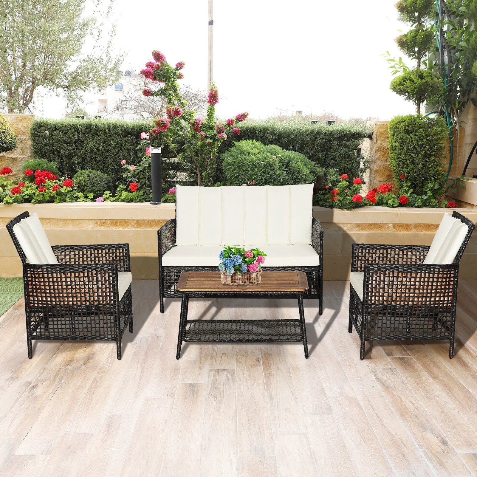4 Pieces Patio Rattan Furniture Set with 2-Tier Coffee Table-White by DirectDeals