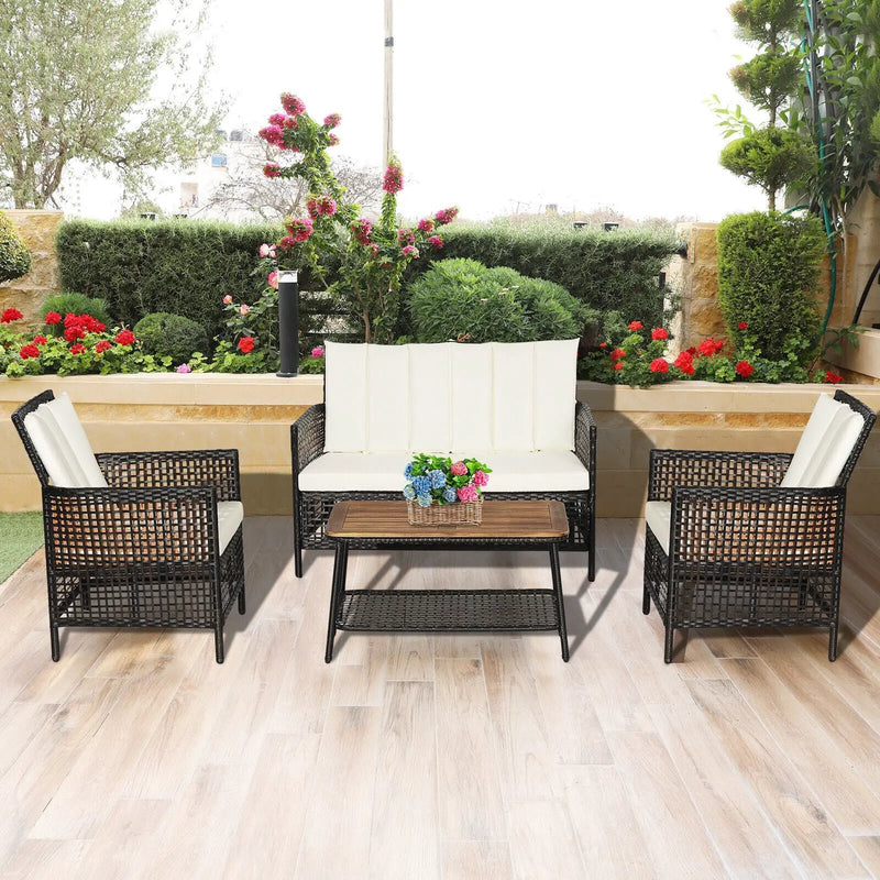 4 Pieces Patio Rattan Furniture Set with 2-Tier Coffee Table-White by DirectDeals