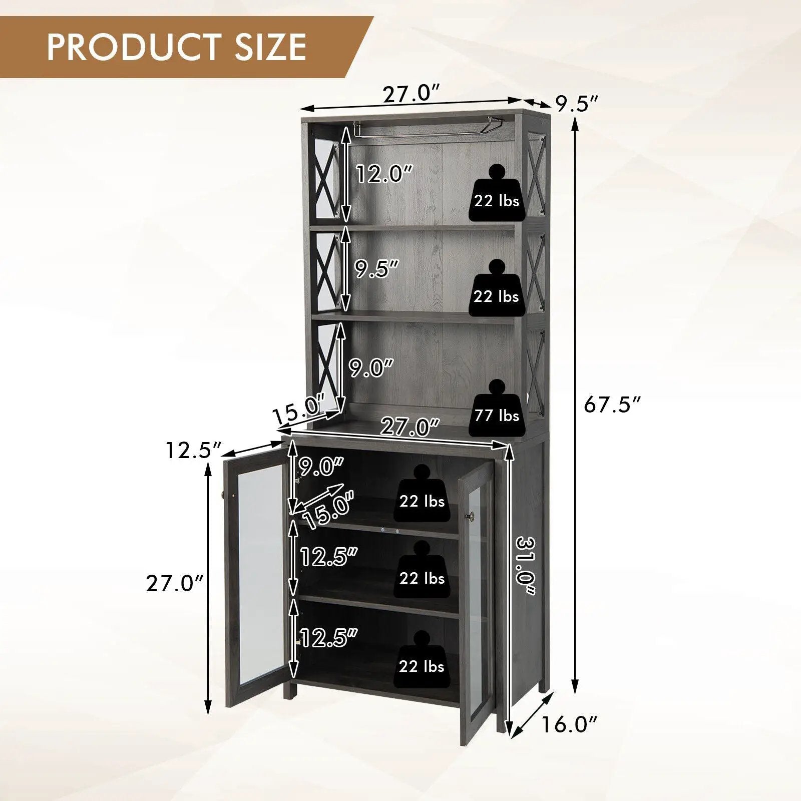 Tall Freestanding Bar Cabinet Buffet with Glass Holder and Adjustable Shelf-Gray by DirectDeals