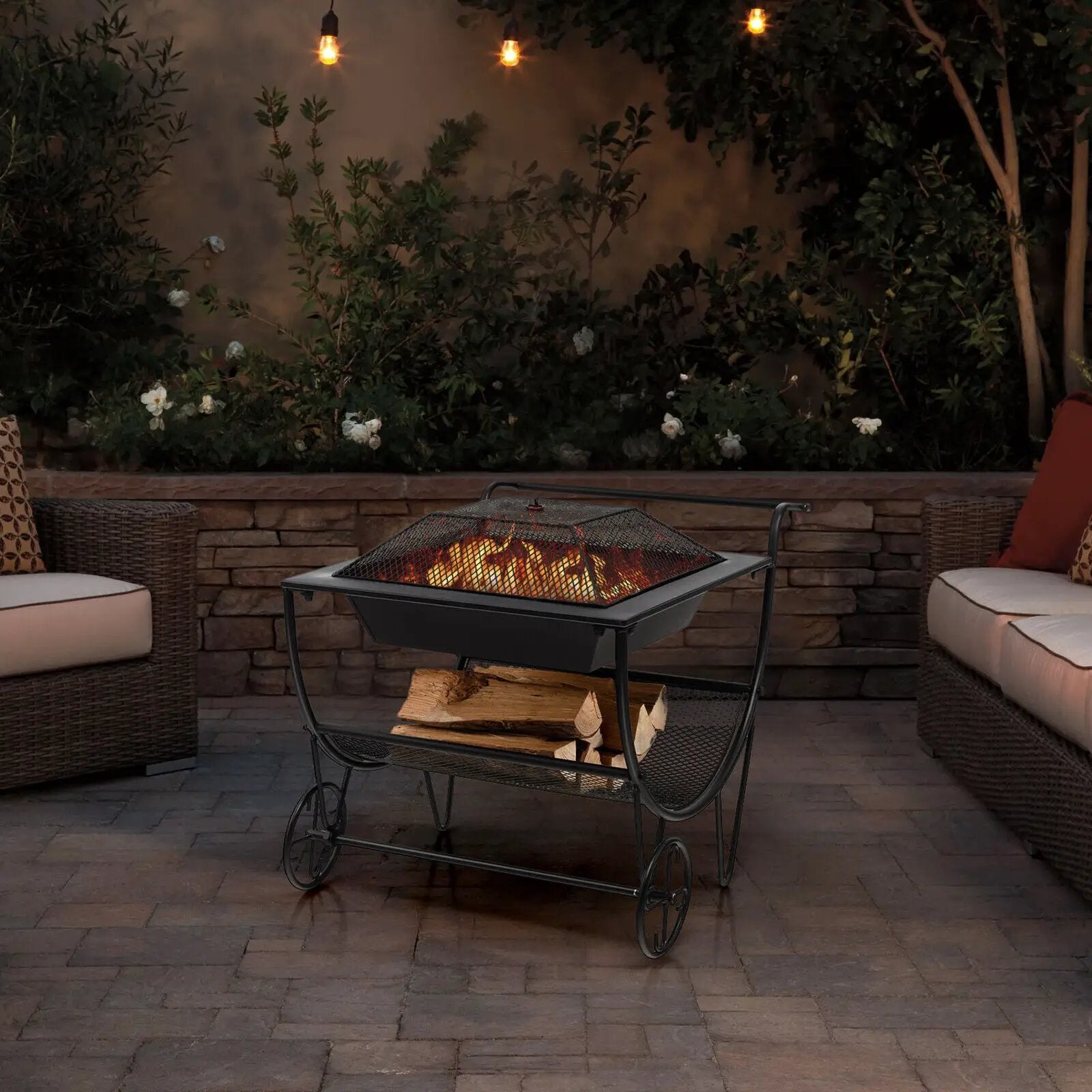 Outdoor Wood Burning Fire Pit with Log Storage Rack and Wheels by DirectDeals