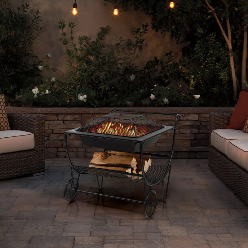 Outdoor Wood Burning Fire Pit with Log Storage Rack and Wheels by DirectDeals