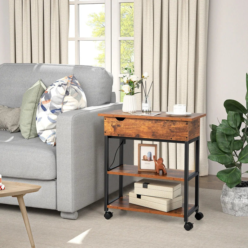 Lift Top End Table with Charging Station and Universal Wheels-Rustic Brown by DirectDeals