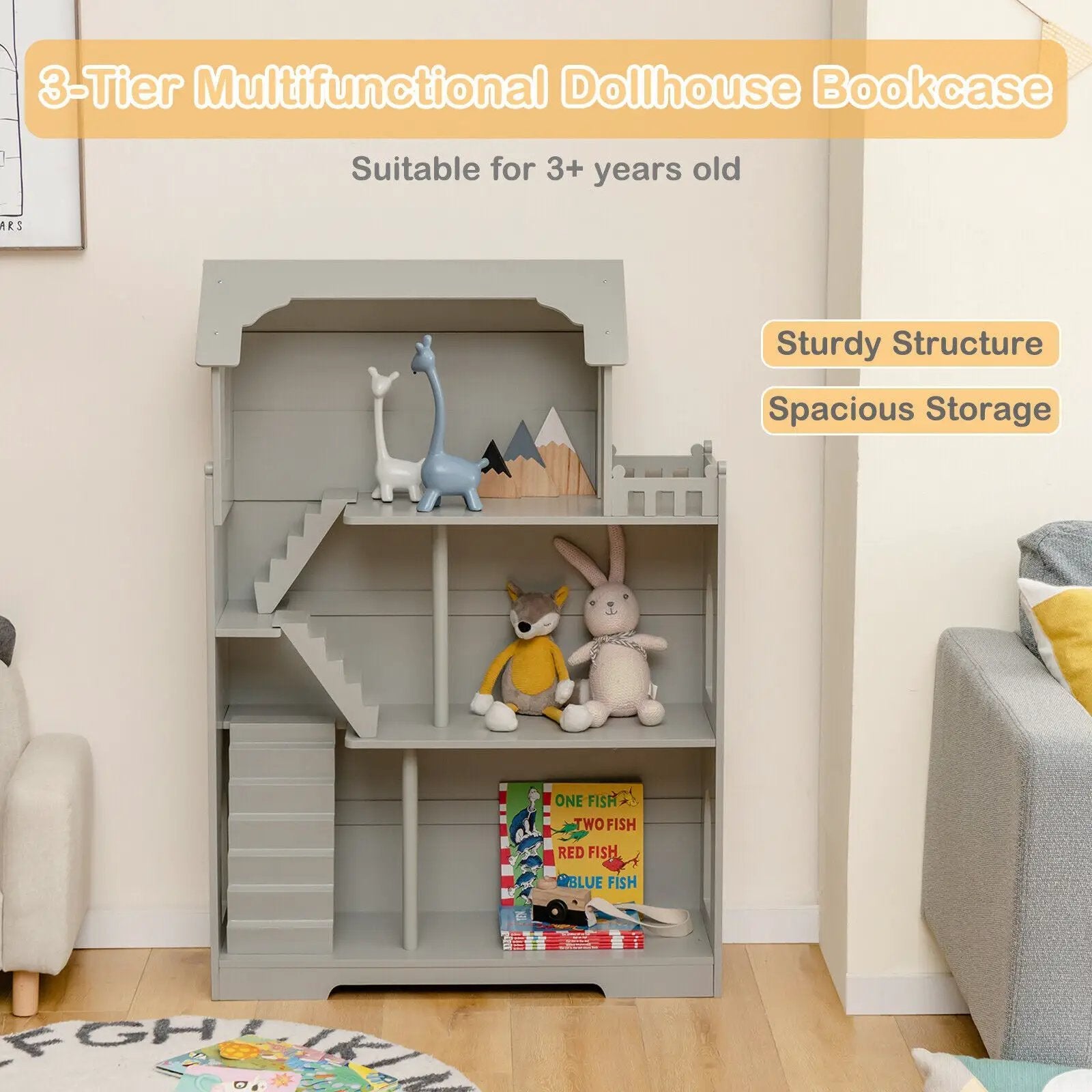 Kids Wooden Dollhouse Bookshelf with Anti-Tip Design and Storage Space by DirectDeals