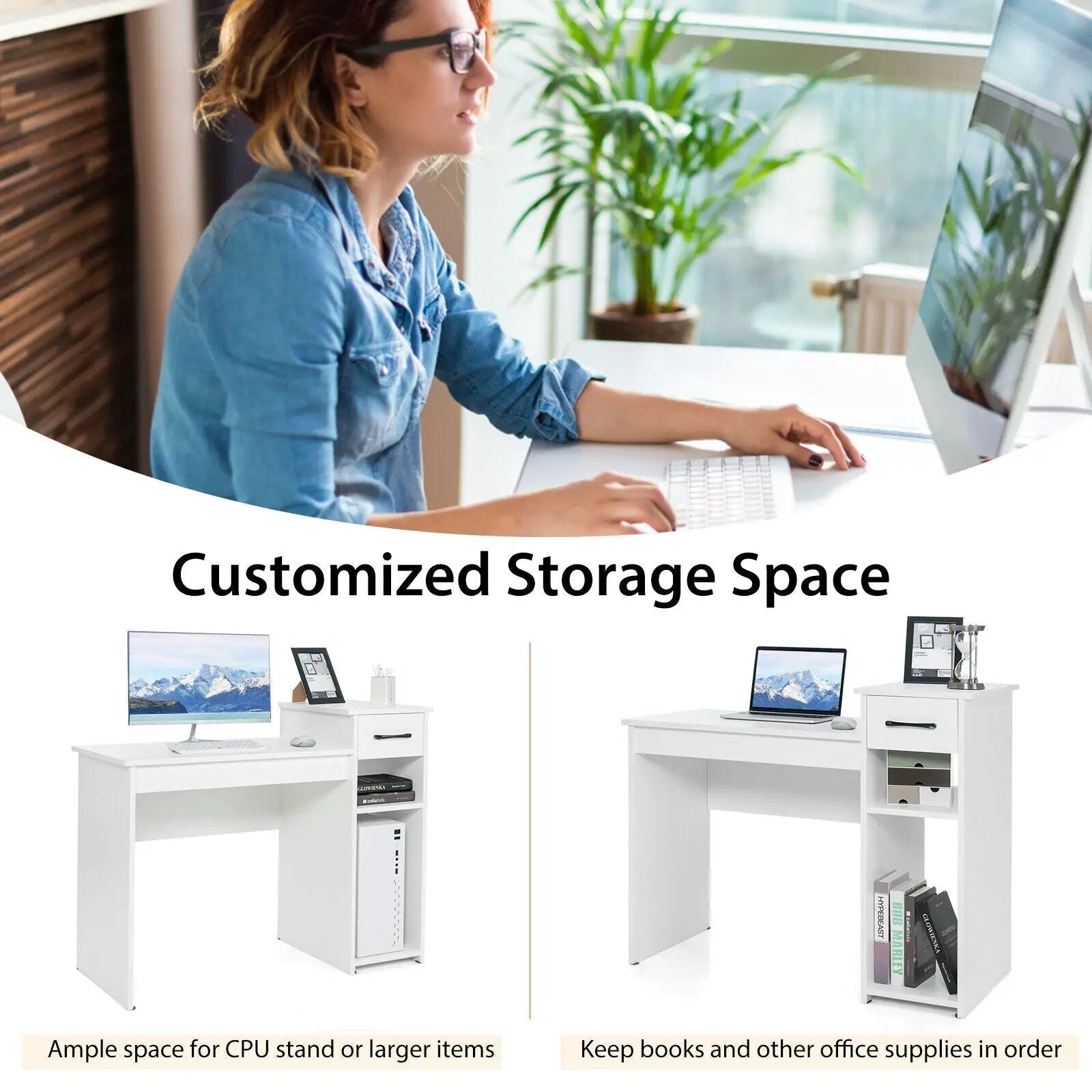 Computer Desk PC Laptop Table with Drawer and Shelf-White by DirectDeals