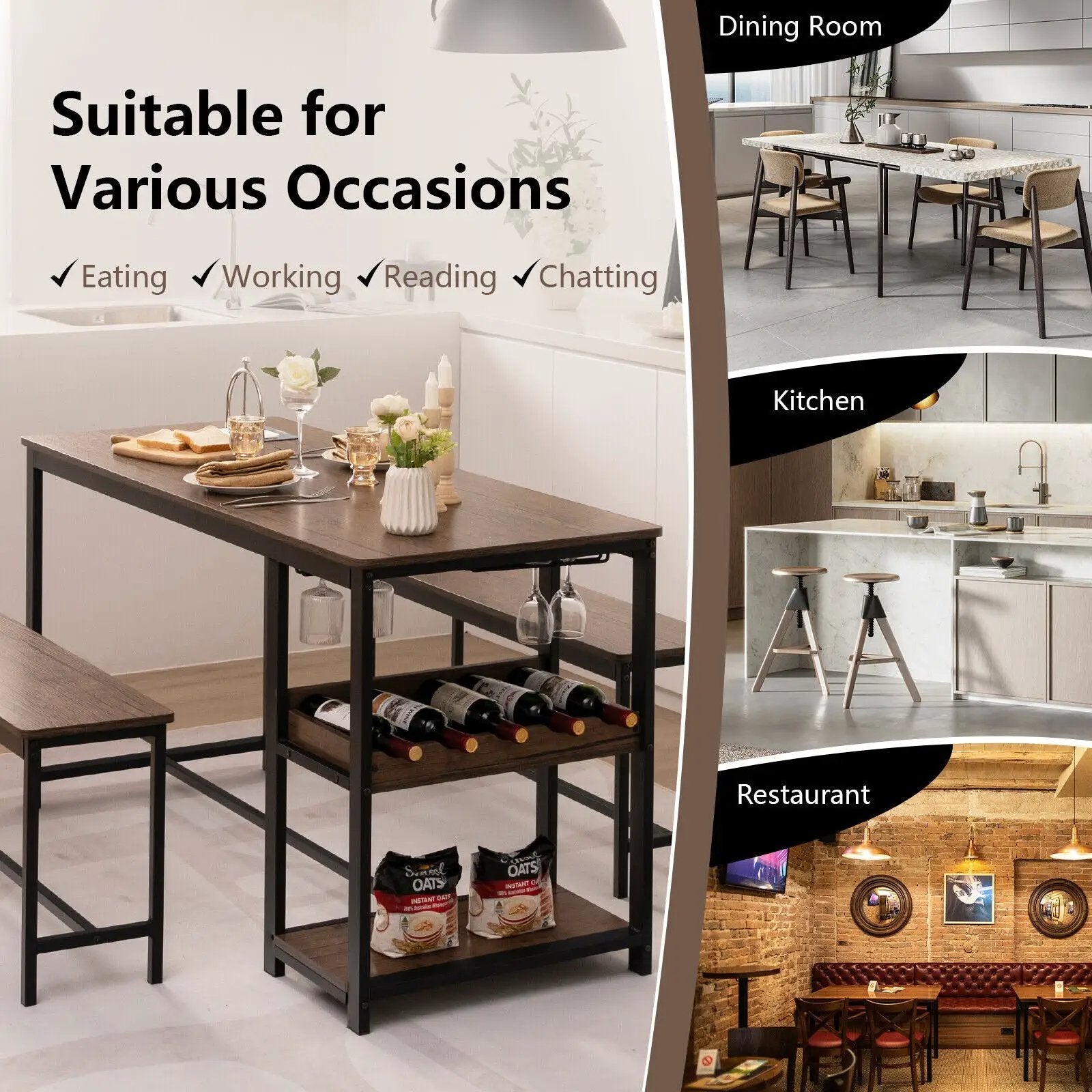 3 Pieces Dining Table Set for 4 with Wine Rack-Brown by DirectDeals