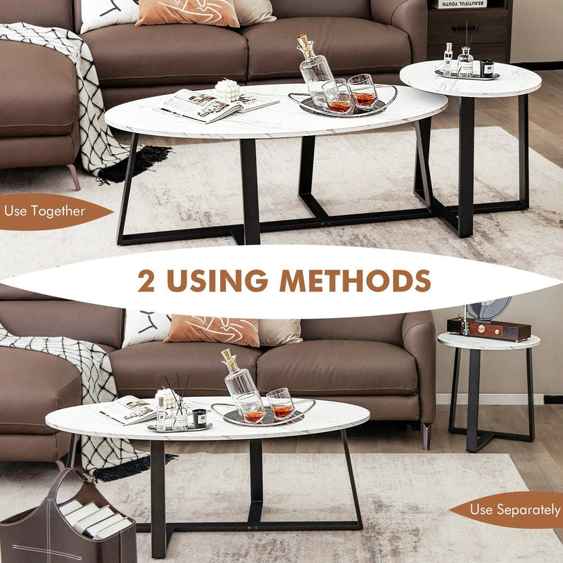 Set of 2 Modern Faux Marble Nesting Coffee Table Set with Oval and Round Table-White by DirectDeals