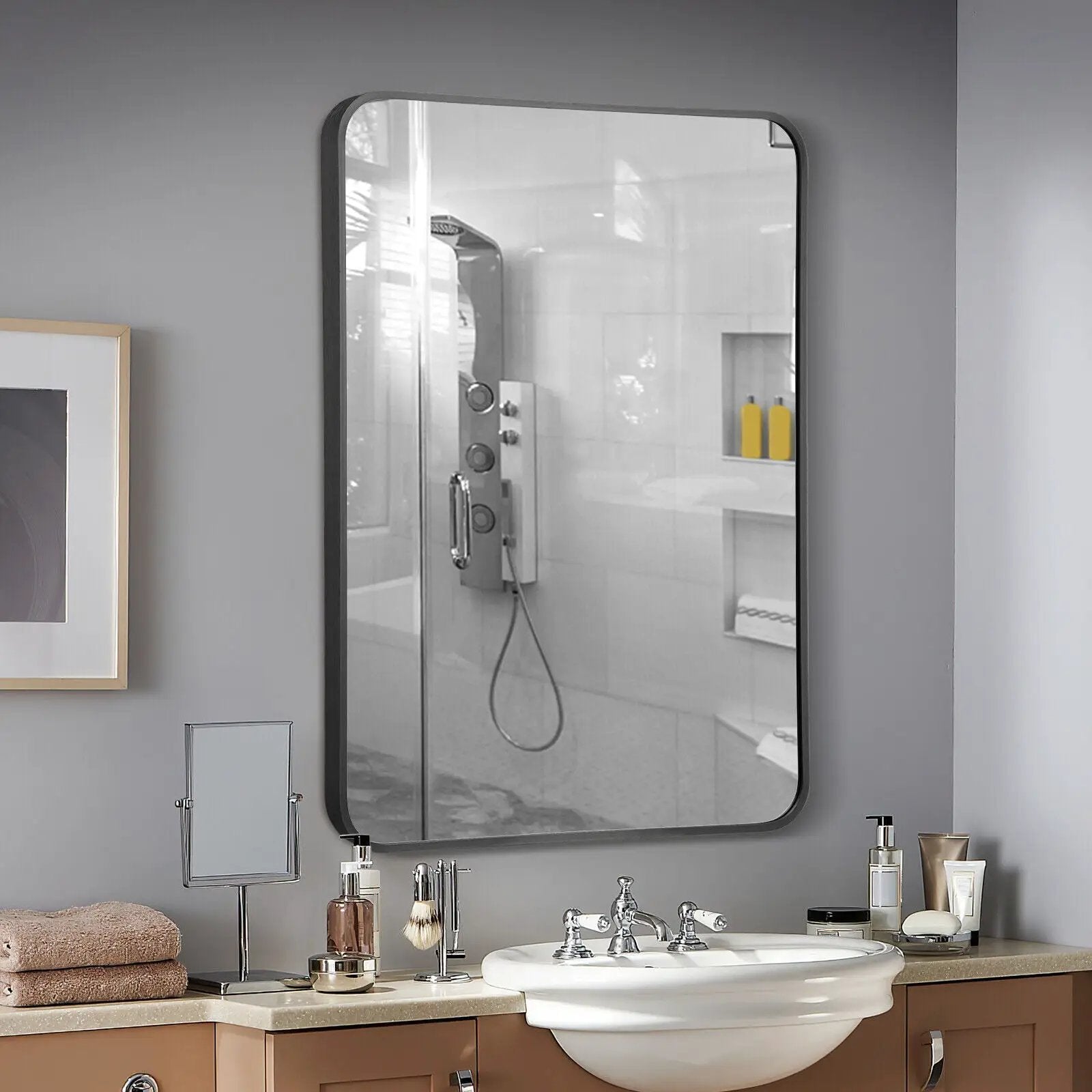 Metal Framed Bathroom Mirror with Rounded Corners by DirectDeals