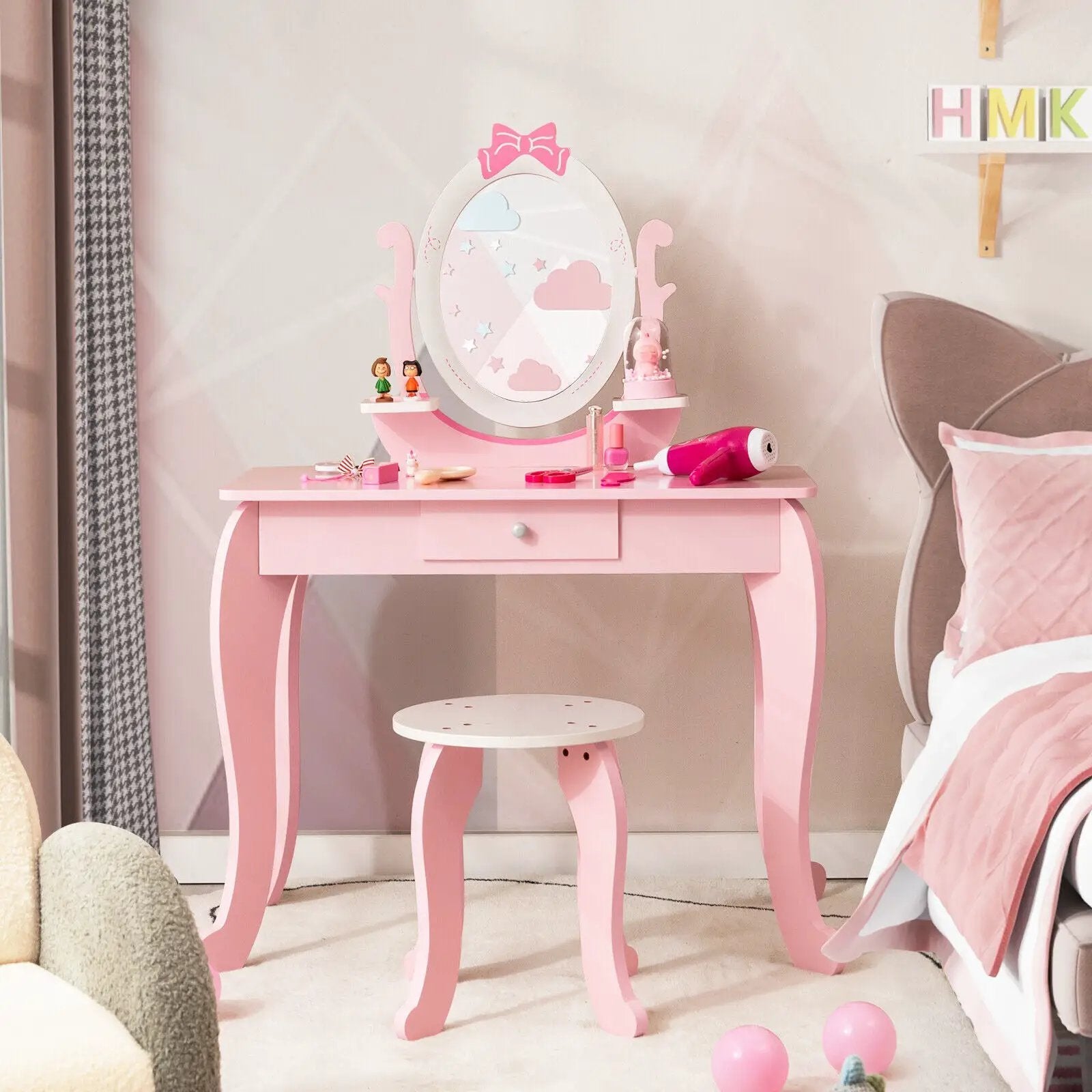 Kid Vanity Table Stool Set with Oval Rotatable Mirror-Pink by DirectDeals