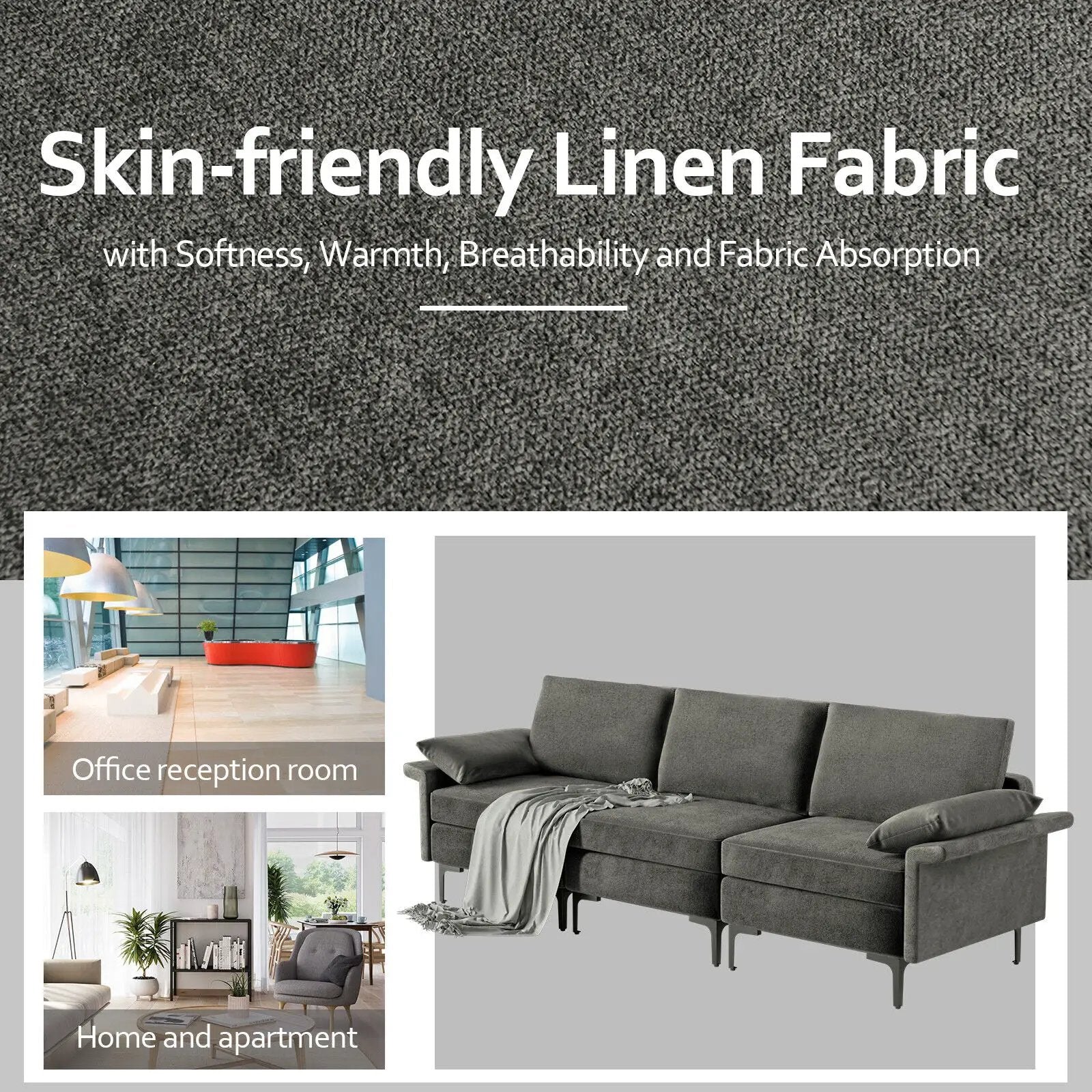Large 3-Seat Sofa Sectional with Metal Legs for 3-4 people by DirectDeals