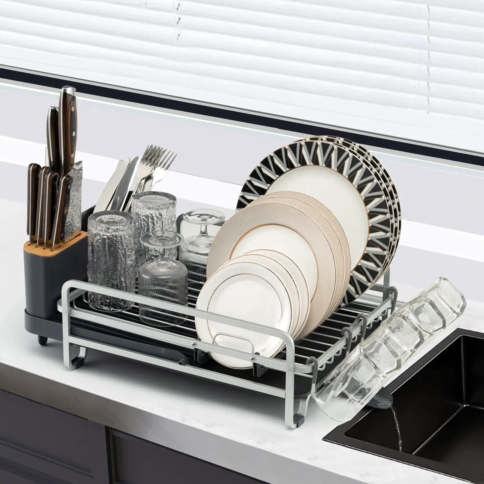 Aluminum Expandable Dish Drying Rack with Drainboard and Rotatable Drainage Spout by DirectDeals